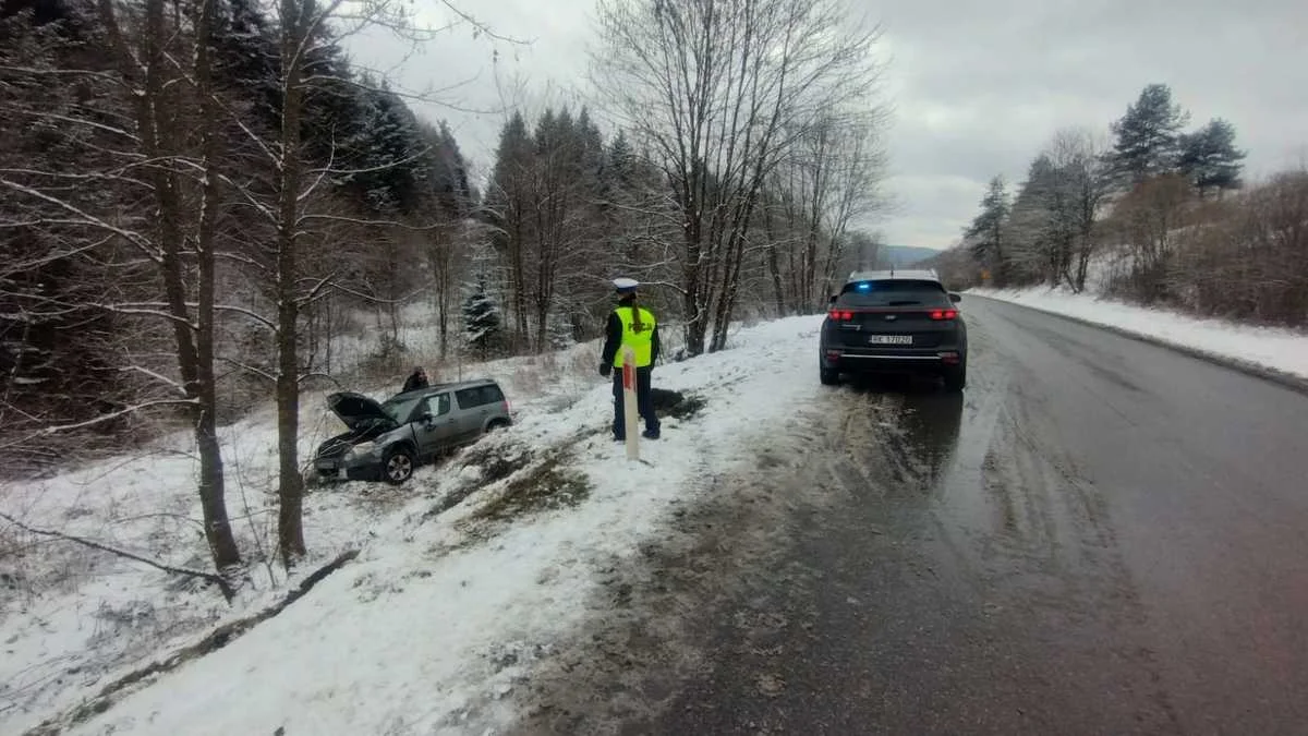 W Bieszczadach auto wpadło w poślizg i wjechało do rowu