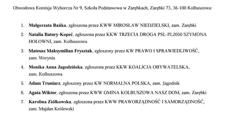 Obwodowa Komisja Wyborcza Nr 9, Szkoła Podstawowa w Zarębkach, Zarębki 73, 36-100 Kolbuszowa: