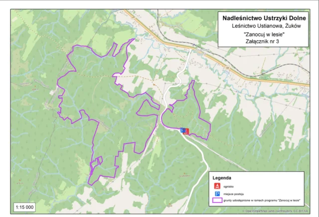 Nadleśnictwo UD, leśnictwo Ustjanowa mapka "Zanocuj w lesie"