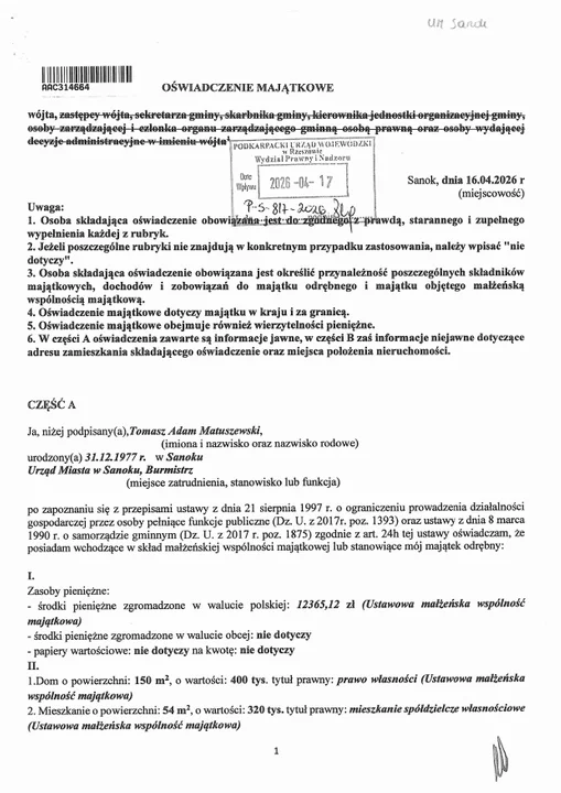 Oświadczenie majątkowe Tomasza Matuszewskiego za rok 2025