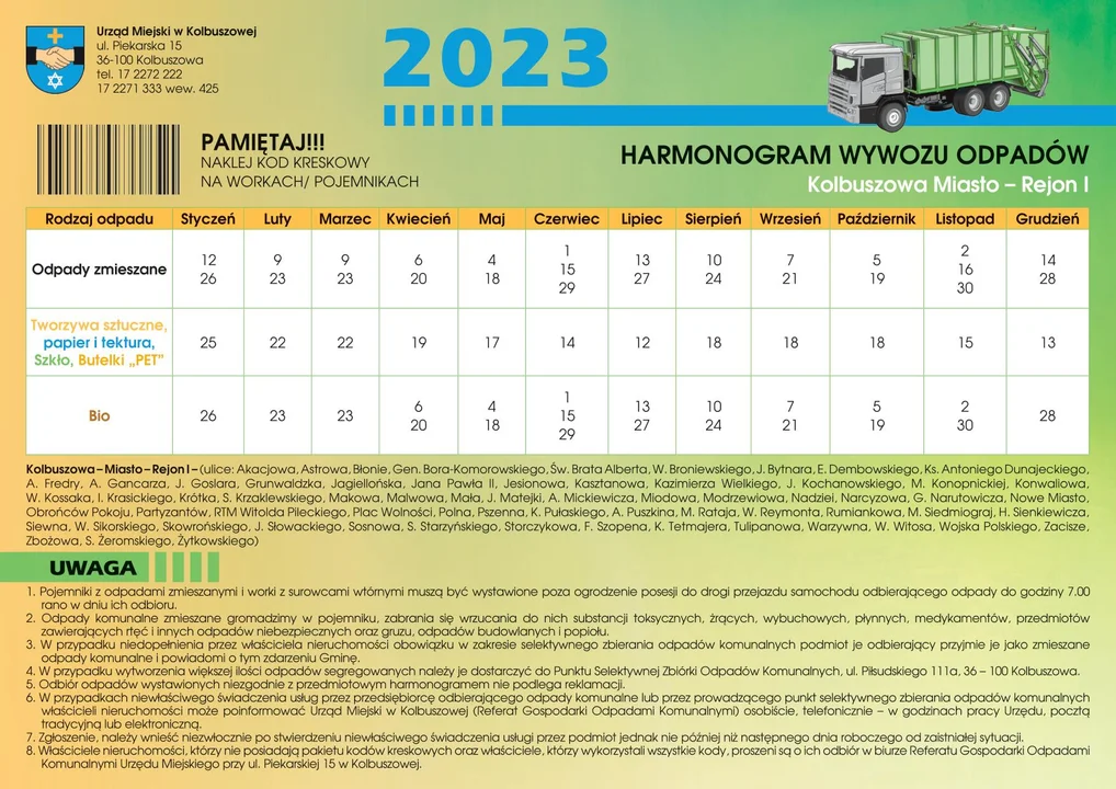 Harmonogram odbioru odpadów - Kolbuszowa 2023