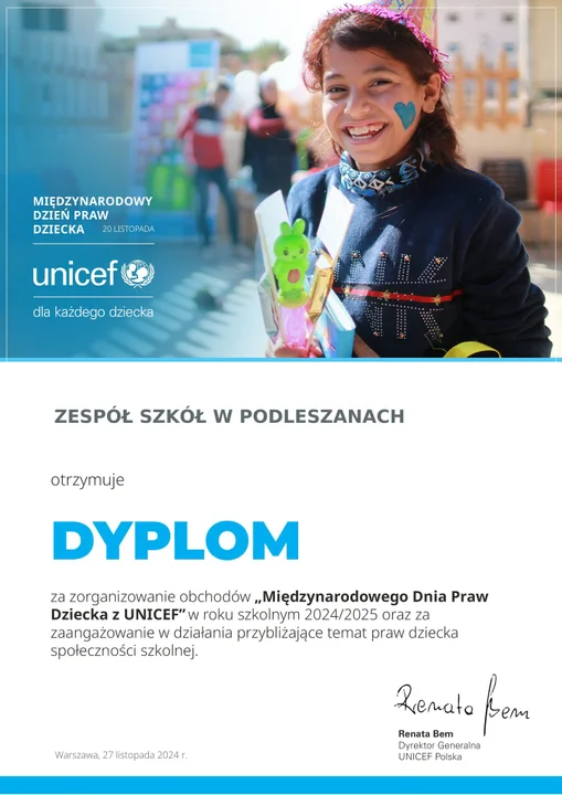 Zespół Szkół w Podleszanach z Dyplomem UNICEF