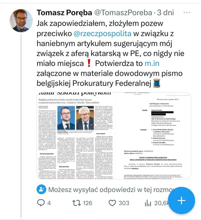 Europoseł Tomasz Poręba pozywa dziennik "Rzeczpospolita" i portal OKO.press