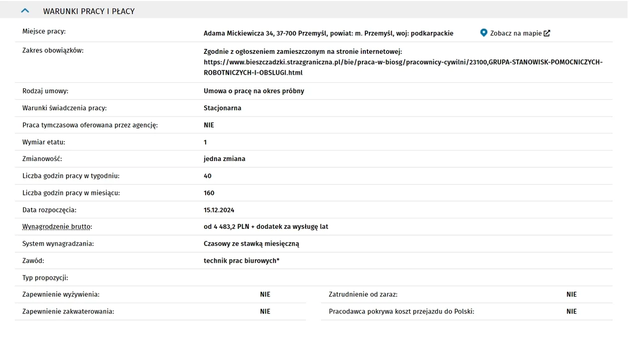 Oferta pracy: STARSZY TECHNIK PRAC BIUROWYCH W ARCHIWUM ZAKŁADOWYM SEKCJI OCHRONY DOKUMENTACJI WYDZIAŁU OCHRONY INFORMACJI BIOSG