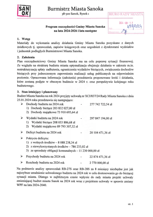 Sanok ma nowy plan oszczędnościowy na lata 2024–2026