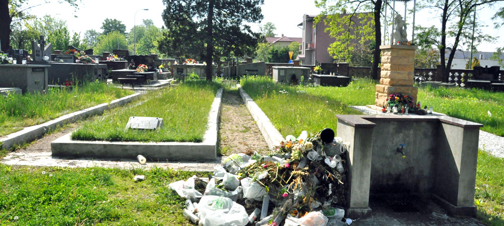 Śmieci i trawa na cmentarzu - Zdjęcie główne