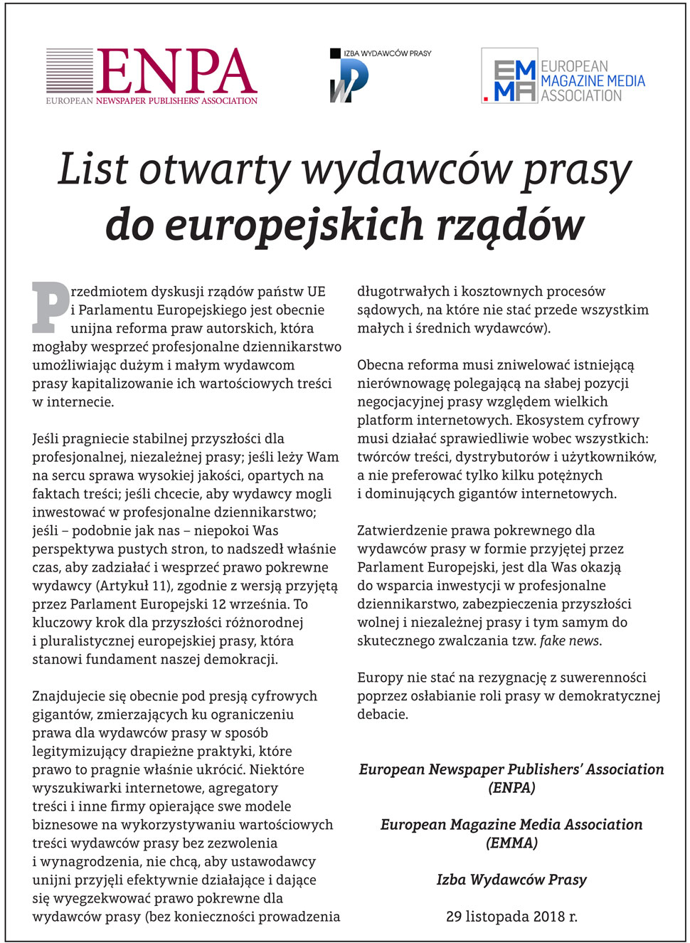 List otwarty wydawców prasy do europejskich rządów - Zdjęcie główne