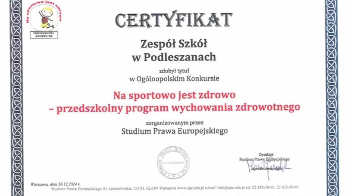 Na sportowo jest zdrowo. Znaczący Certyfikat nagrodą dla szkoły i przedszkola w Podleszanach [ZDJĘCIE] - Zdjęcie główne