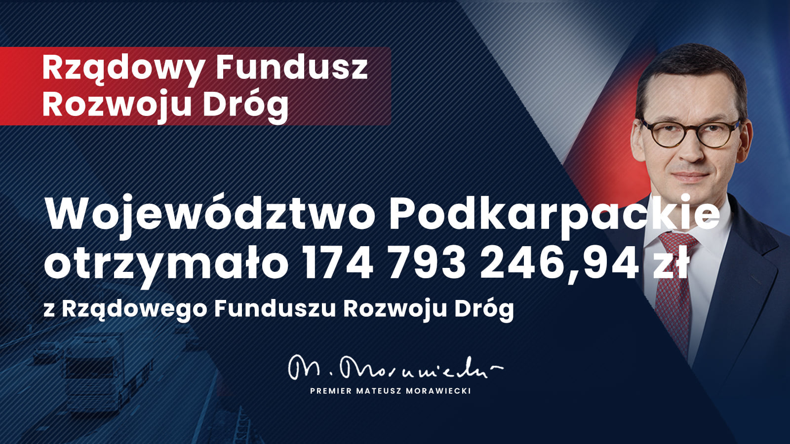 Województwo Podkarpackie  otrzymało środki w kwocie 174 793 246,94 zł na remont i budowę nowych dróg w ramach Rządowego Funduszu Rozwoju Dróg.