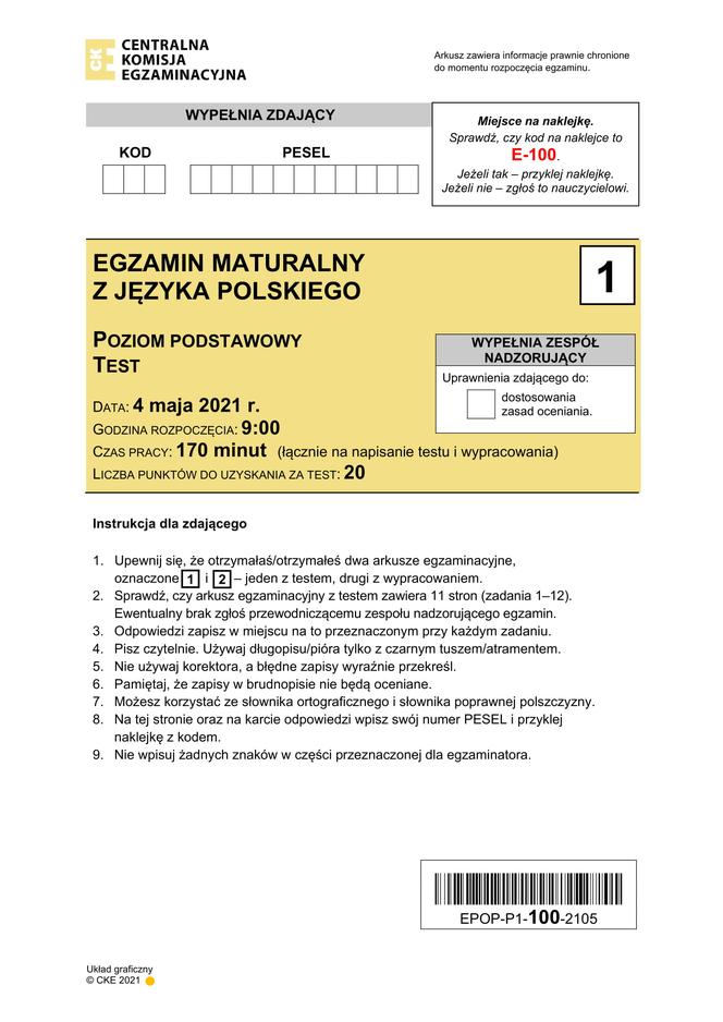 Arkusz egzaminacyjny z języka polskiego 