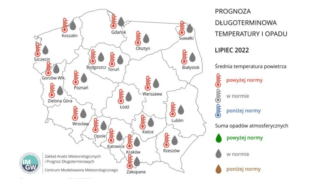 Prognoza średniej miesięcznej temperatury powietrza i miesięcznej sumy opadów atmosferycznych na lipiec 2022 r. dla wybranych miast w Polsce.