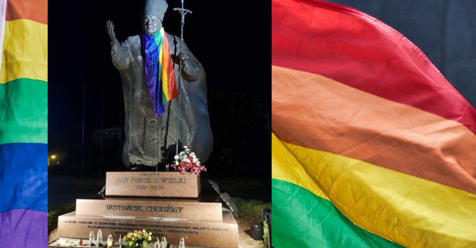 Pomnik Jana Pawła II owinięty symbolem aktywistów LGBT! Przeciwnicy ideologii gender grzmią, że to wandalizm! - Zdjęcie główne