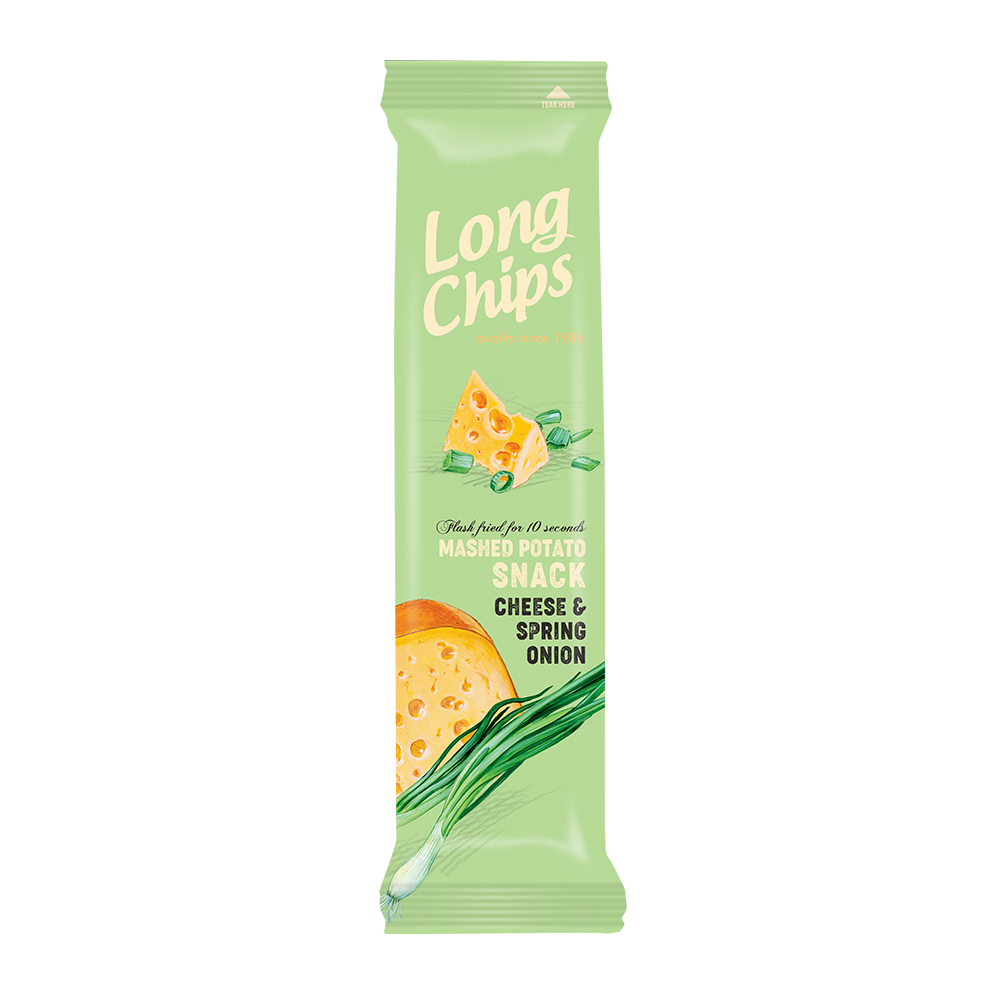 Long Chips – chipsy z puree ziemniaczanego o smaku sera i zielonej cebulki zawierające gluten, mleko i gorczycę