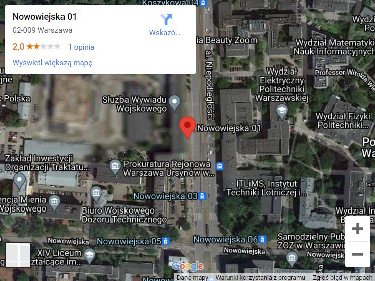 Na zamazanym fragmencie mapy w Warszawie, znajdują się budynki wojskowe, w tym Naczelnej Prokuratury Wojskowej i Wojskowej Prokuratury Garnizonowej. Ocenzurowanie widoku w mapach Google ma chronić obiekt przed potencjalnym sabotażem lub atakiem terrorystycznym.
