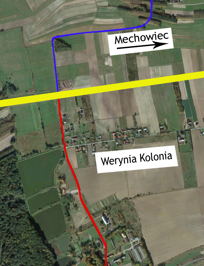 Kolorem niebieskim oznaczono drogę żwirową łączącą Werynię z Mechowcem. Gmina Dzikowiec chce położyć asfalt na swojej części. Gmina Kolbuszowa, która ma większą część tej drogi, na tę chwilę tego nie planuje. Kolorem czerwonym natomiast oznaczono trakt gminy Kolbuszowa, który ma zostać wyremontowany, powstanie tam m.in. chodnik i oświetlenie. Kolorem żółtym oznaczono małą obwodnicę Kolbuszowej i Weryni.