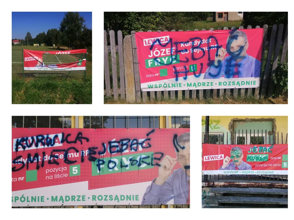 Zniszczone banery wyborcze Józefa Fryca w Przedborzu - Zdjęcie główne