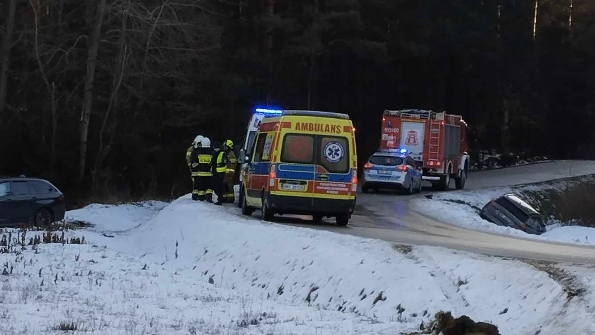 Wypadek w Leszczach. Dwa auta w rowie. Droga całkowicie zablokowana - Zdjęcie główne