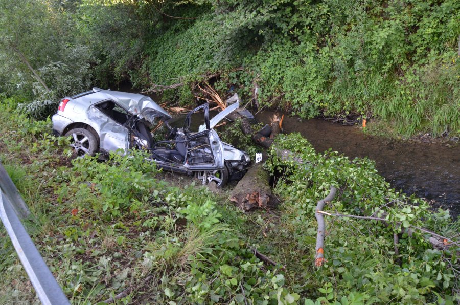 Z PODKARPACIA. Groźny wypadek pod Rzeszowem. Auto wpadło do rzeki  - Zdjęcie główne