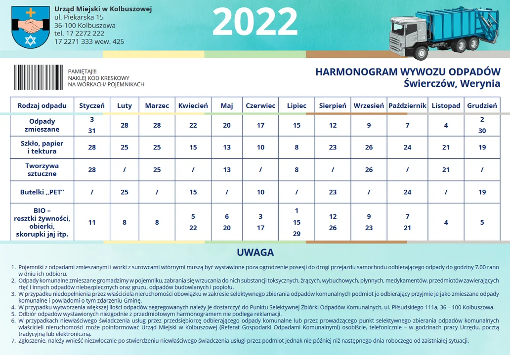 Odbiór śmieci w 2022 roku - Świerczów i Werynia