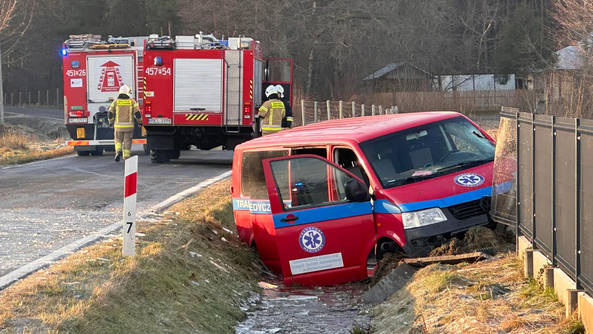 Wypadek w Przedborzu. Samochód transportu medycznego uderzył w ogrodzenie [ZDJĘCIA] - Zdjęcie główne