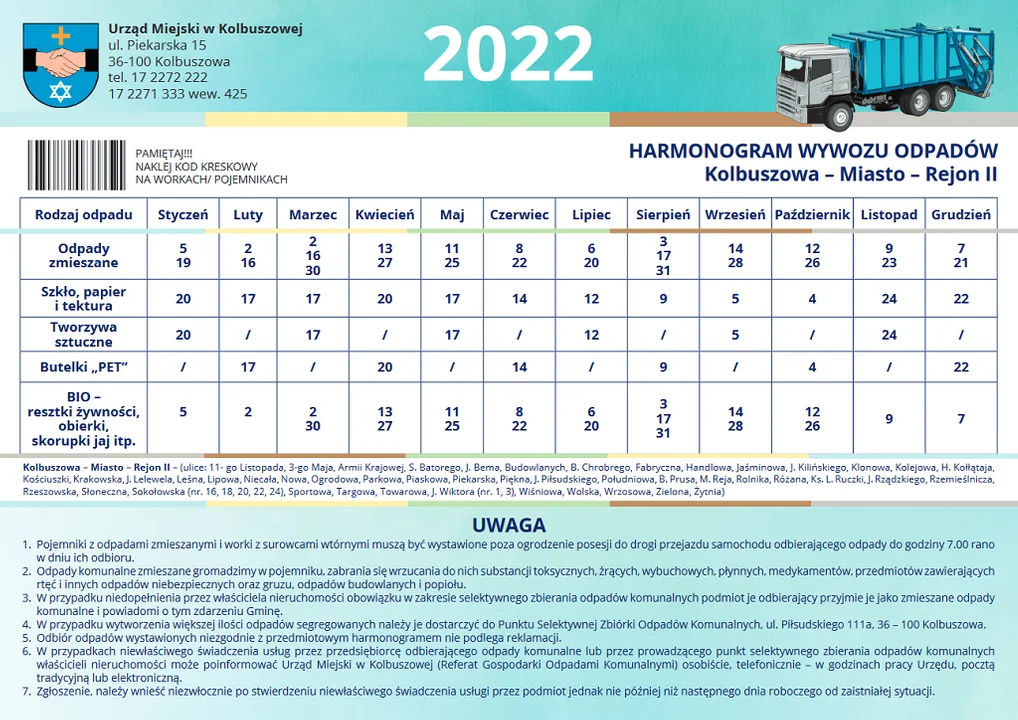 Odbiór śmieci w 2022 roku - Kolbuszowa - miasto rejon2 