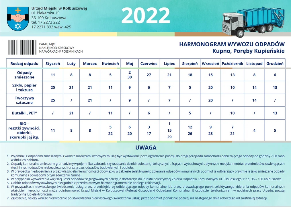 Odbiór śmieci w 2022 roku -  Kupno i Poręby Kupieńskie.