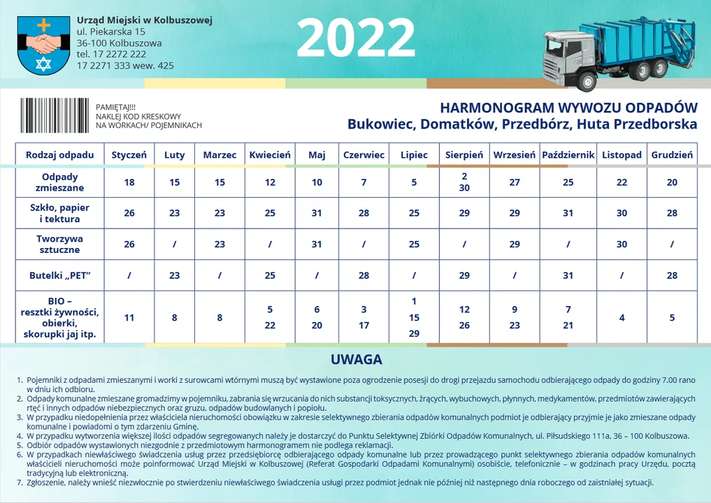 Odbiór śmieci w 2022 roku -  Bukowiec, Domatków, Przedbórz, Huta Przedborska.