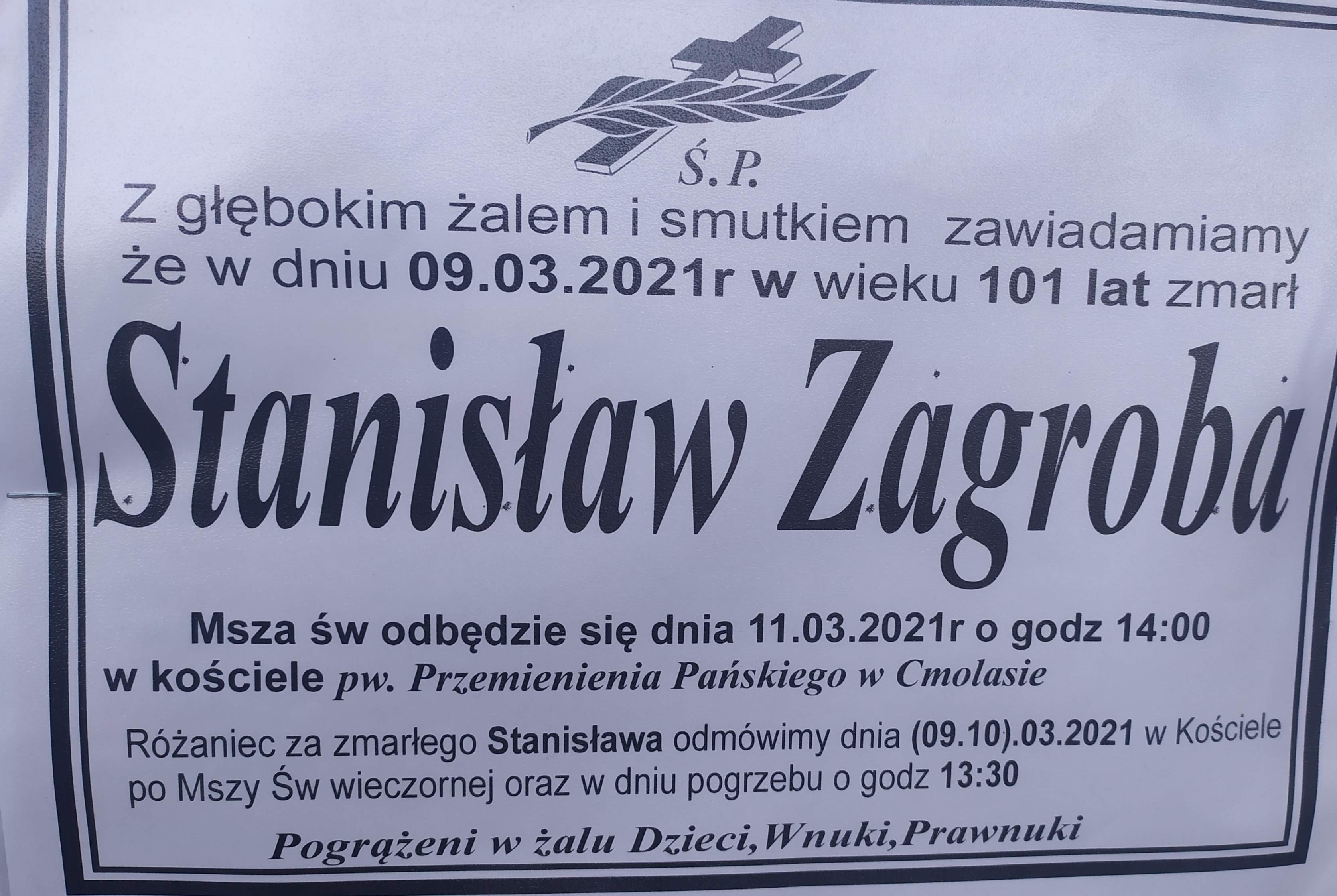 Zmarł Stanisław Zagroba z Cmolasu. Był jednym z najstarszych mieszkańców powiatu kolbuszowskiego  - Zdjęcie główne