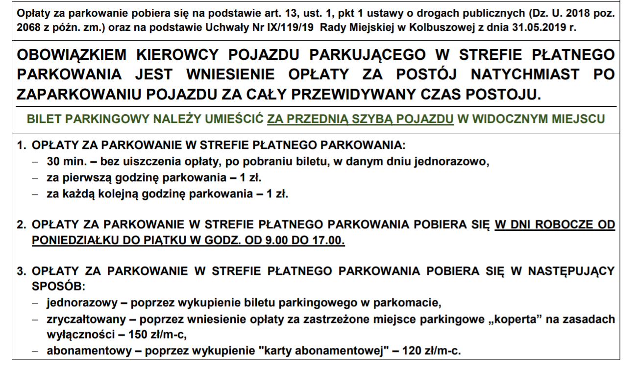 Regulamin płatnej strefy parkowania w Kolbuszowej - cz. 1