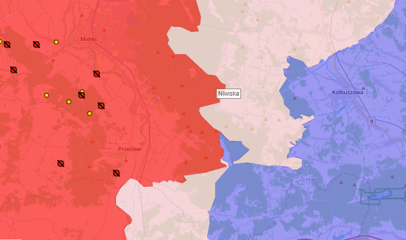 Mapa przedstawia strefy czerwone i niebieskie związane z rozprzestrzenianiem się afrykańskiego pomoru świń. 