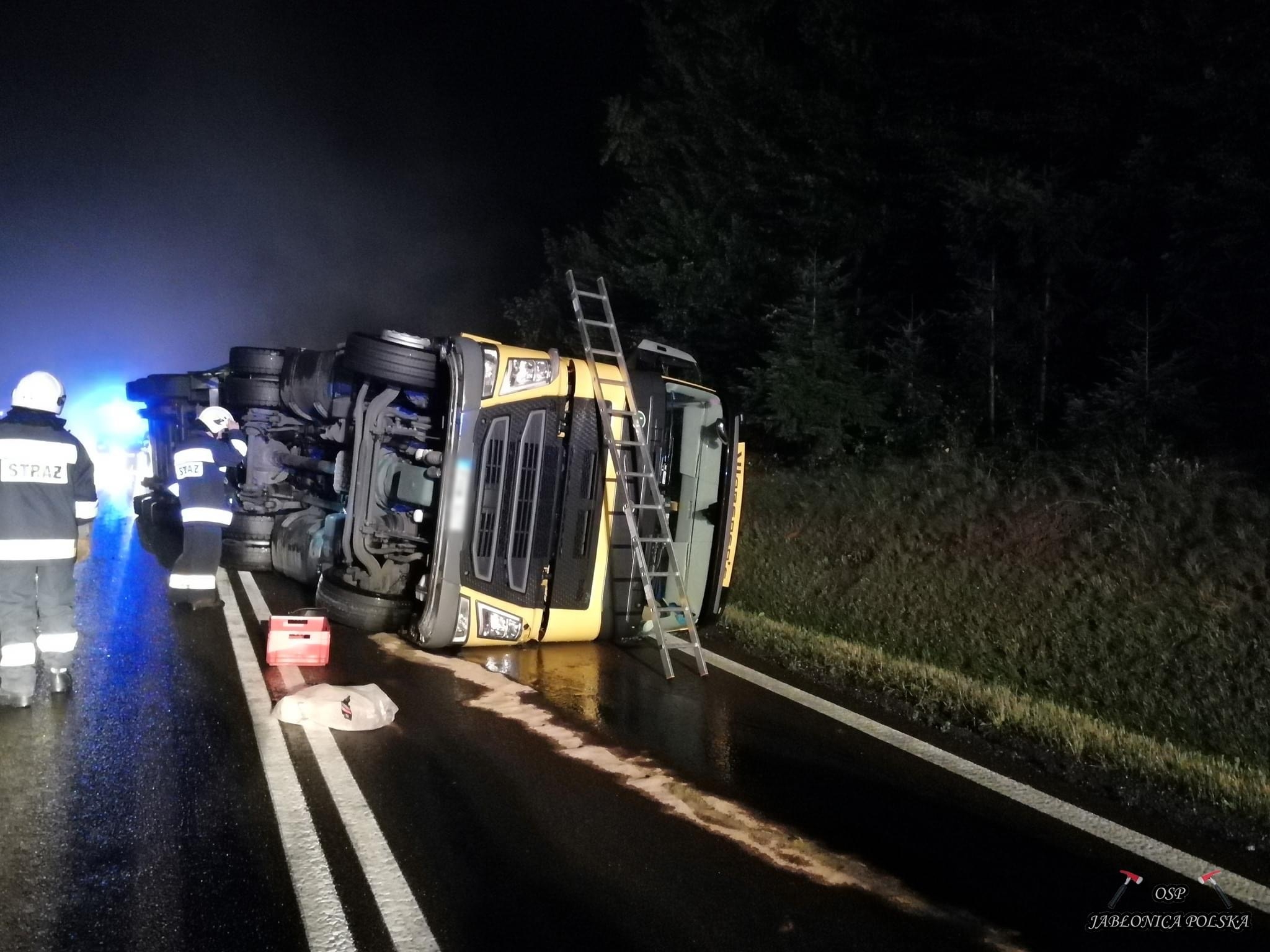 Podkarpacie. Przewrócona ciężarówka na jezdni! W akcji pięć zespołów ratunkowych [FOTO] - Zdjęcie główne