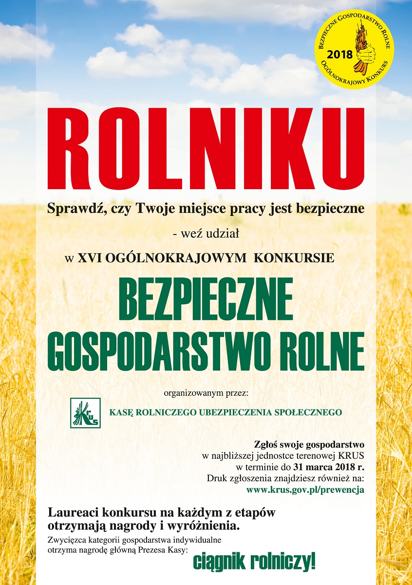 Kasa Rolniczego Ubezpieczenia Społecznego zaprasza właścicieli gospodarstw rolnych do udziału w XVI edycji Ogólnokrajowego Konkursu Bezpieczne Gospodarstwo Rolne - Zdjęcie główne