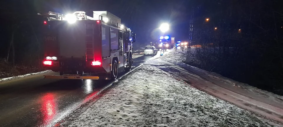 PORAŻ. Samochód osobowy wjechał w powalone na jezdni drzewo. Droga zablokowana! - Zdjęcie główne