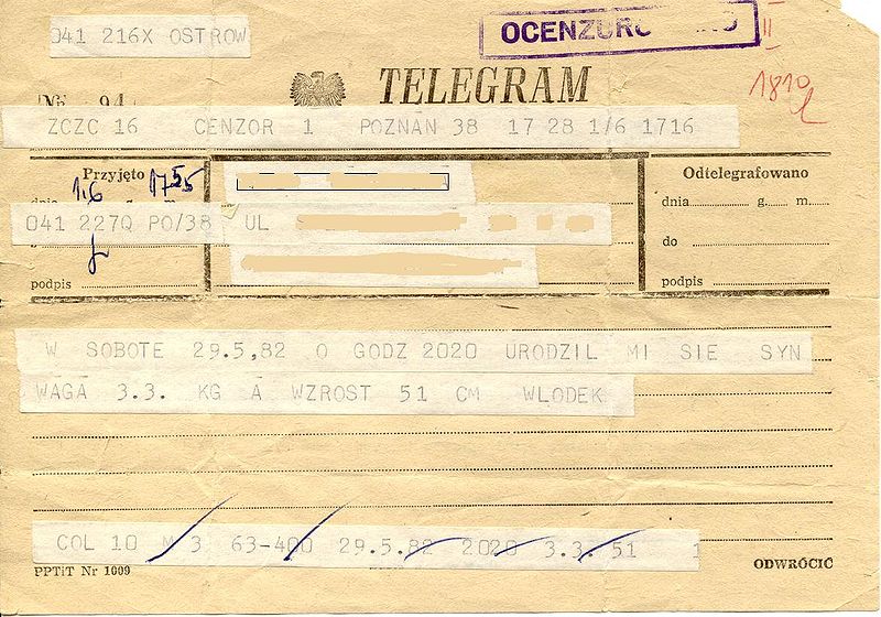 Ocenzurowany telegram z okresu stanu wojennego