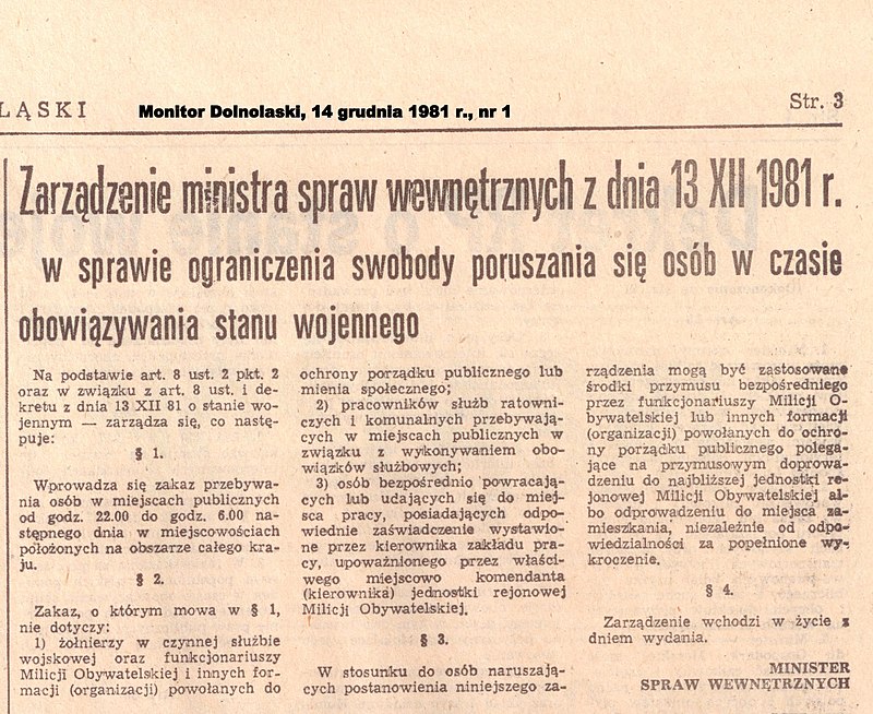 Zarządzenie ministra spraw wewnętrznych w sprawie godziny milicyjnej