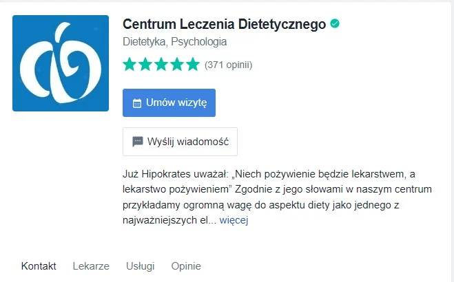 1. Centrum Leczenia Dietetycznego ul. Rejtana 53A. Lekarze: Paulina Kuleta, Łukasz Piskrzyński, Natalia Bator, Kinga Pasieka, Wioleta Grabka - 5 gwiazdek, 371 opinii. Jestem zadowolona z efektu pierwszych kroków na drodze do pożądanej utraty kilogramów ,dobra komunikacja rzetelne wyjaśnienia i wskazówki które w efekcie bardzo pomagają .Byłam dosyć sceptyczna ale pierwsze dwa kg straciłam polecam serdecznie - opinia pacjentki.