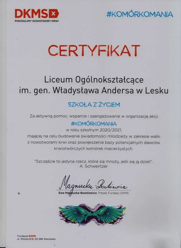 Liceum Ogólnokształcące w Lesku otrzymało certyfikat "Szkoła z życiem". To wyróżnienie za akcję DKMS - Zdjęcie główne