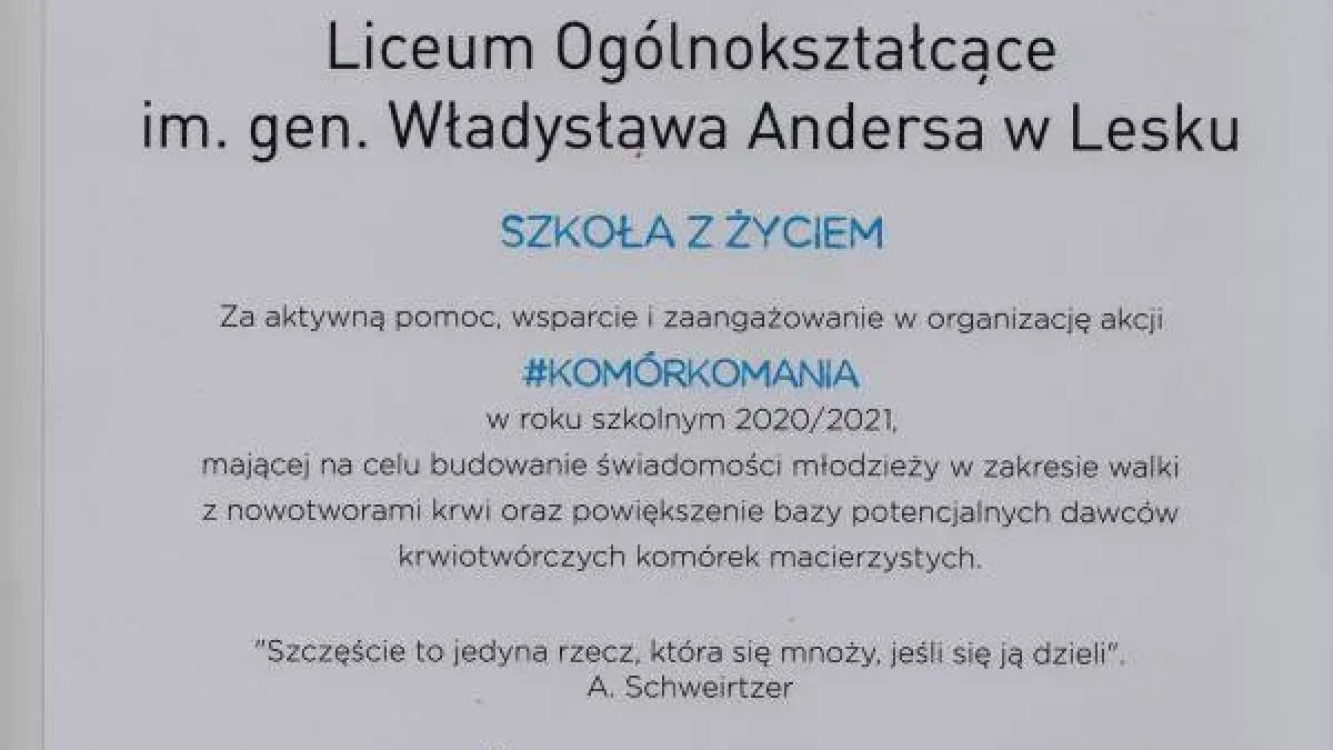 Liceum Ogólnokształcące w Lesku otrzymało certyfikat "Szkoła z życiem". To wyróżnienie za akcję DKMS - Zdjęcie główne