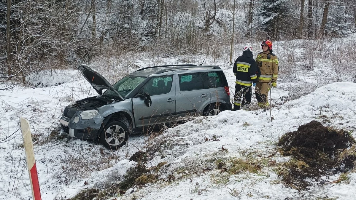 Niebezpieczne warunki na drogach. W Bieszczadach auto wpadło w poślizg i wjechało do rowu [ZDJĘCIA] - Zdjęcie główne